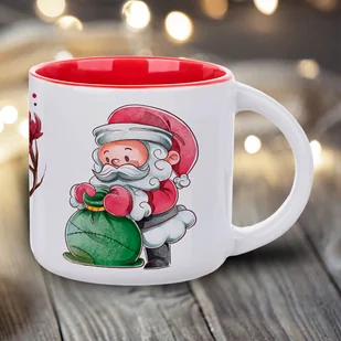 Świąteczny kubek z czerwonym wnętrzem - Mikołaj z workiem z prezentami - Kubki - miniaturka - grafika 1