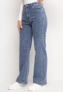 Spodnie damskie - Niebieskie Bawełniane Jeansy Szerokie z Kieszeniami w Drobny Wzorek Alerit - grafika 1