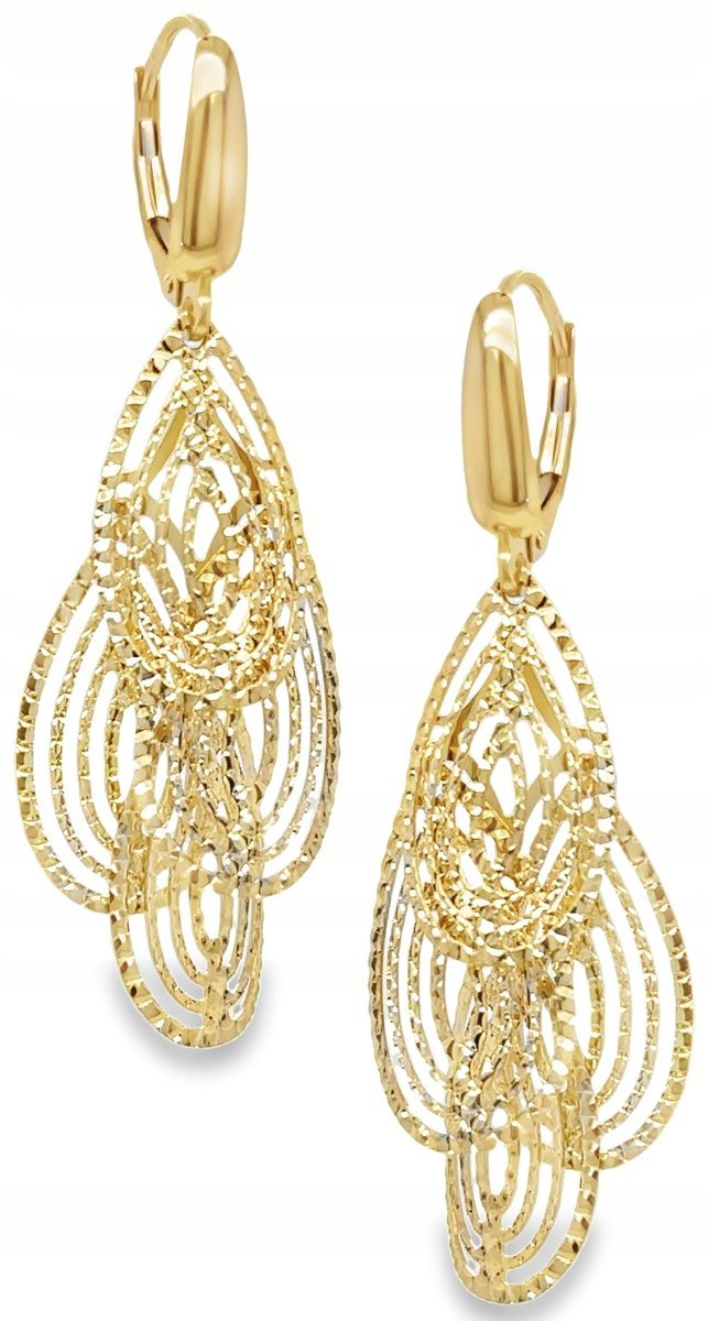 PIĘKNE WISZĄCE ZŁOTE DIAMENTOWANE KOLCZYKI AŻUROWE ŁEZKI 14KT 585