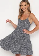 Sukienki - Granatowa Bawełniana Sukienka Rozkloszowana na Ramiączkach z Falbanką Piloa - miniaturka - grafika 1