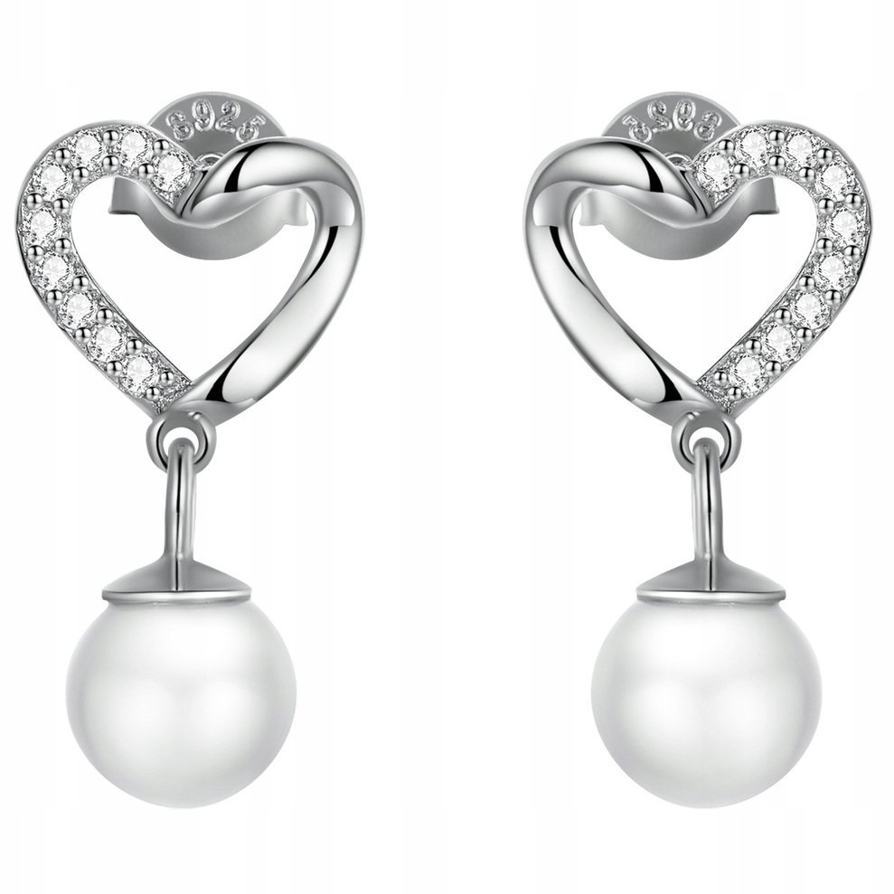 KOLCZYKI srebrne SERCE Z PERŁĄ I CYRKONIAMI S925 KS070