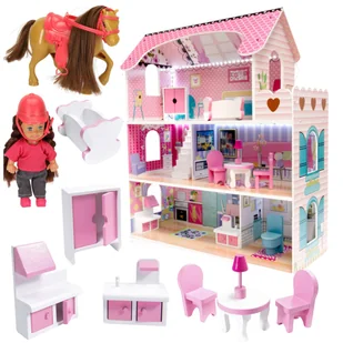 DOMEK DLA LALEK DREWNIANY DUŻY MDF LED 3 POZIOMY MEBELKI LALKA Z KONIKIEM - Domki dla lalek - miniaturka - grafika 1