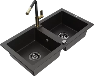 Mexen Mario zlewozmywak granitowy 2-komorowy z baterią kuchenną Flora, czarny/złoty metalik - 6504-75-670401-57-B - Zlewozmywaki z baterią - miniaturka - grafika 1