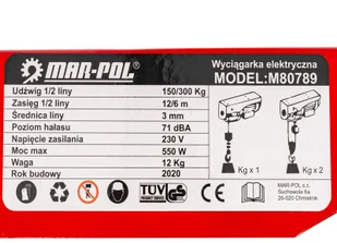 Wciągarka wyciągarka elektryczna linowa warsztatowa 300kg 550W MAR-POL - Wciągarki - miniaturka - grafika 7