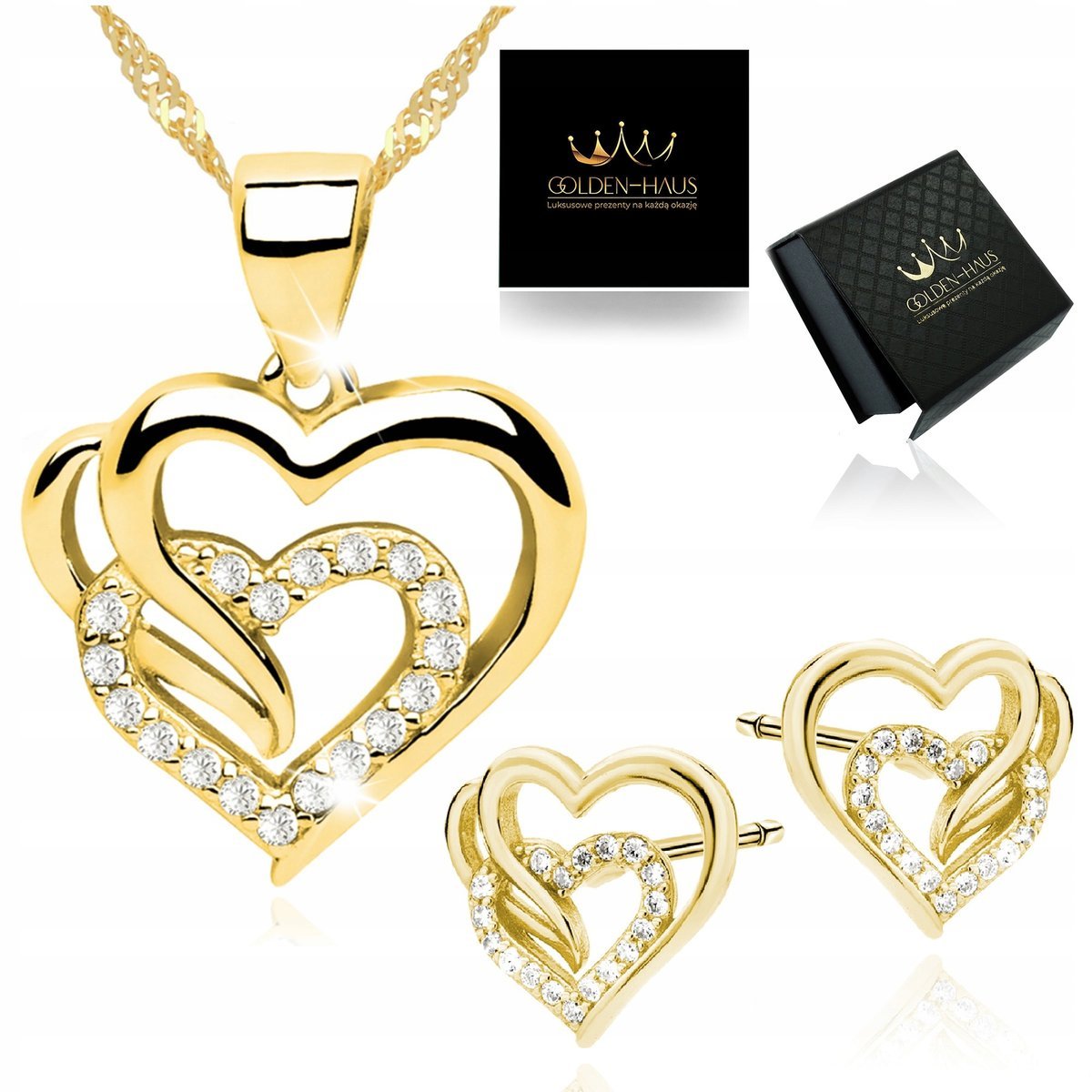 ZŁOTY KOMPLET BIŻUTERII 925 PREZENT DLA KOBIETY, DZIEWCZYNY, ŻONY NA ŚWIĘTA