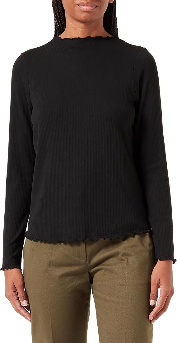 PIECES CZARNA BLUZKA Z FALBANKĄ PRZY DEKOLCIE I DOLE RĘKAWA 46/48 6_A