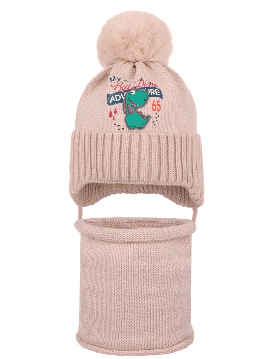 Chłopięcy komplet zimowy czapka i komin dinozaur beżowy Ambra r.46/48