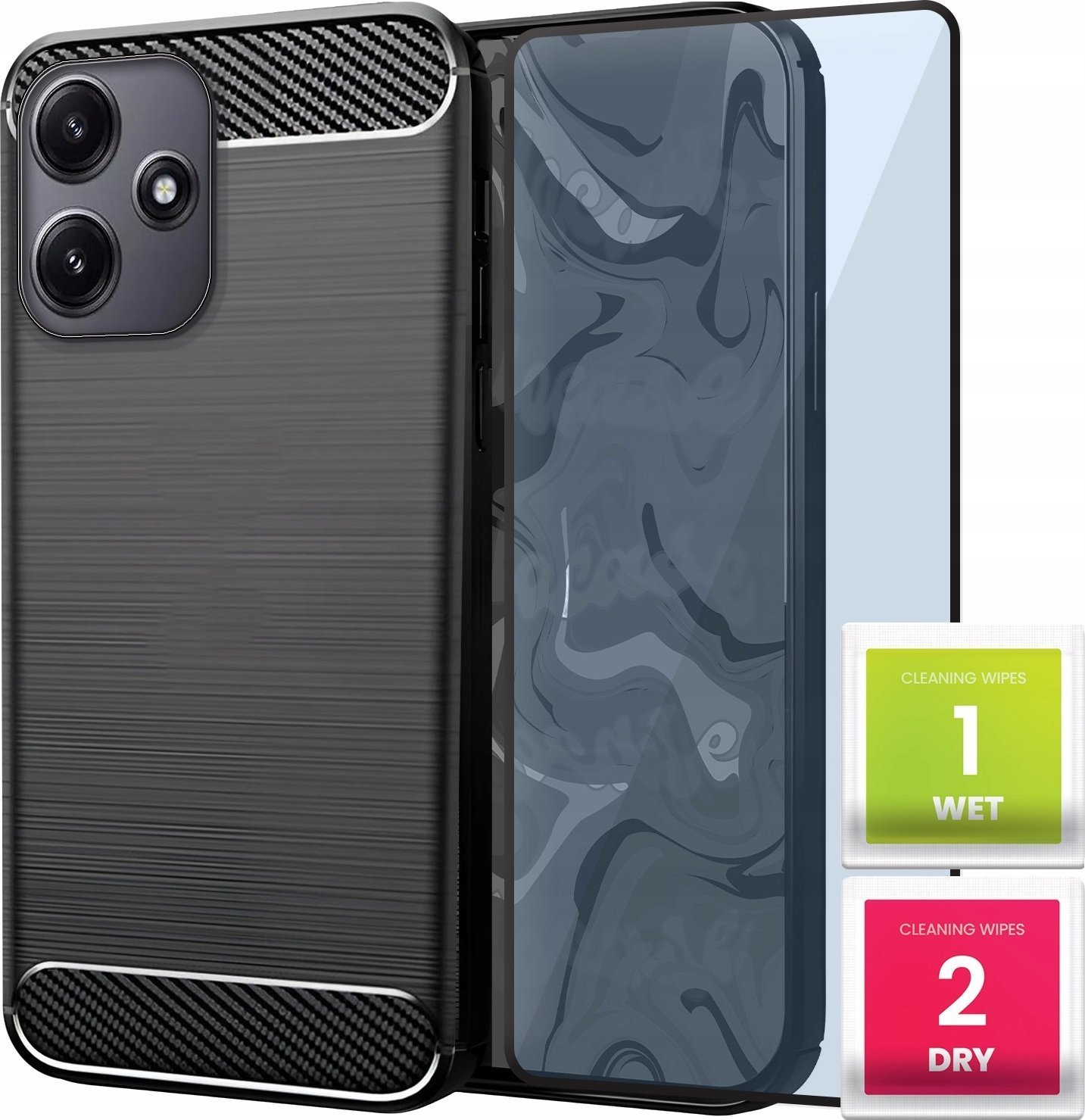 Etui do Xiaomi Redmi 12 4G / 5G Czarne, Karbon, Pancerne, Case Szkło 9H