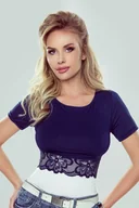 Bluzki damskie - Bluzka damka z krótkim rękawem i koronką Saidi Eldar granatowa kremowa  XL - miniaturka - grafika 1