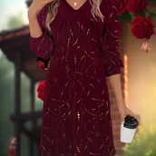 Inne - TEMU Elegancka Damska Sukienka w Kolorze Burgundu z Dekoltem w Serek i Długim Rękawem z Złotym Akcentem - Długość do Kolan, Mieszanka Poliestru, - miniaturka - grafika 1