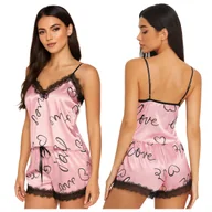 Piżamy damskie - Piżama satynowa z nadrukiem i koronką - różowa - XXL - miniaturka - grafika 1