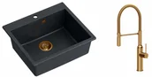 Zlewozmywaki z baterią - Quadron Zlewozmywak granitowy jednokomorowy 57*50*22 cm MORGAN 110 BLACK DIAMOND z miedzianym odpływem z baterią MARILYN Q LINE z ruchomą wylewką kolor miedziany - miniaturka - grafika 1