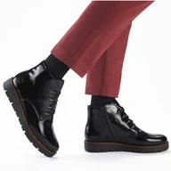 Botki damskie - Rieker Botki Damskie Lakierowane Ocieplane Czarne-38 - miniaturka - grafika 1