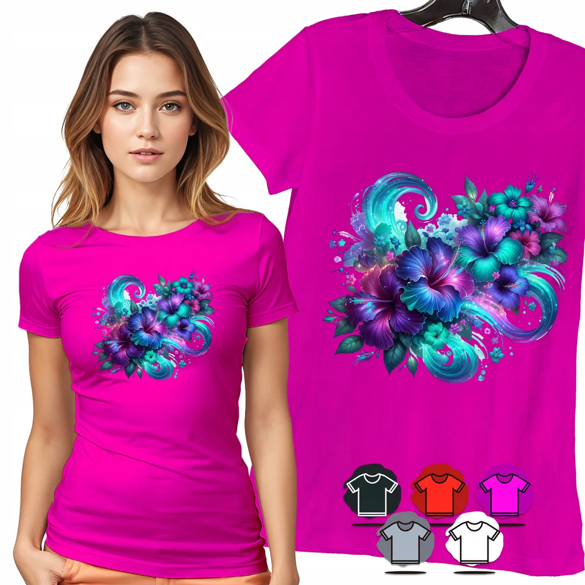 KOSZULKA DAMSKA T-SHIRT - KWIATY TURKUS FIOLETOWE FALE WZÓR DAMSKI - L