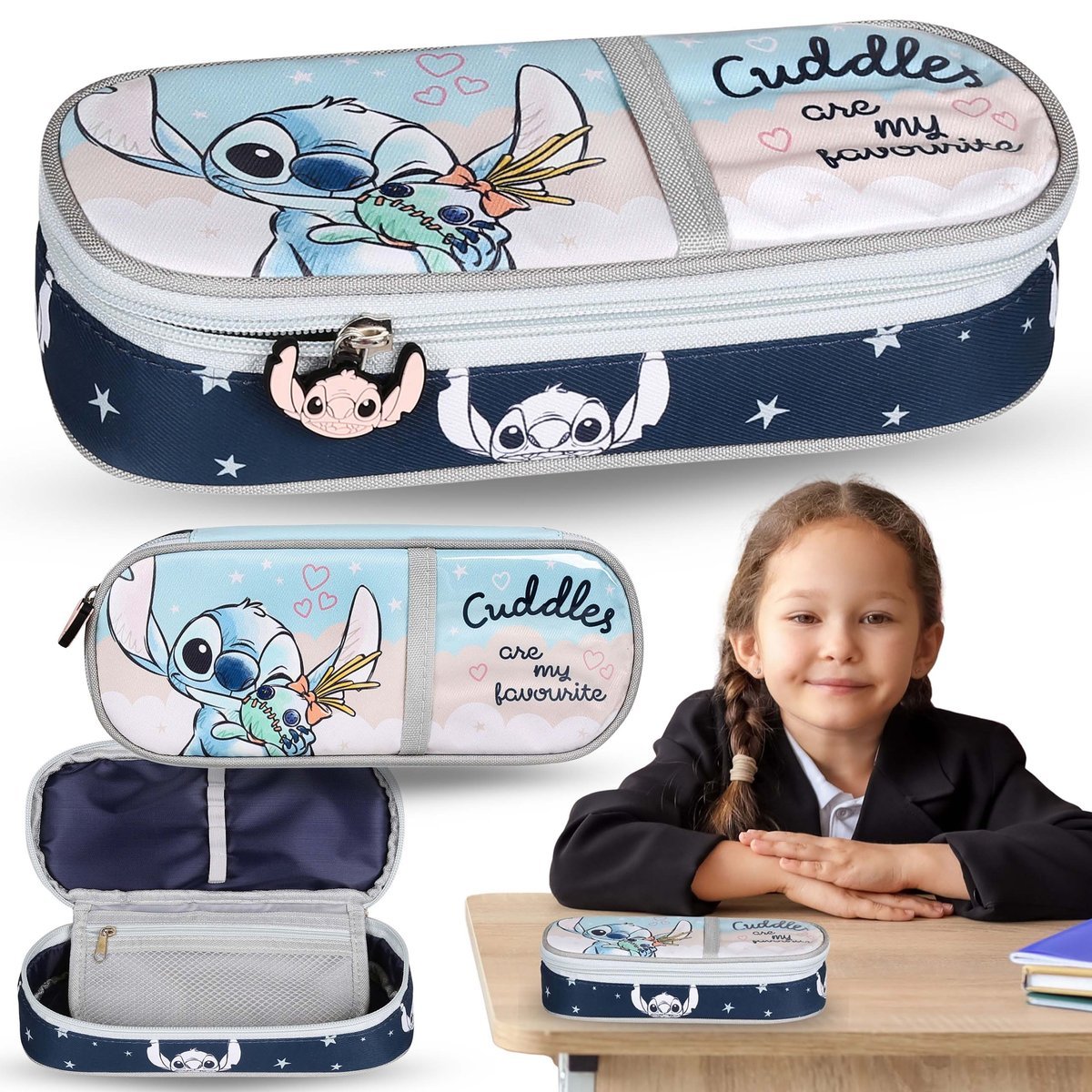 DISNEY Stitch KOMOROWY piórnik szkolny, Usztywniana saszetka OWALNA dla dziewczynki 6x22x10cm