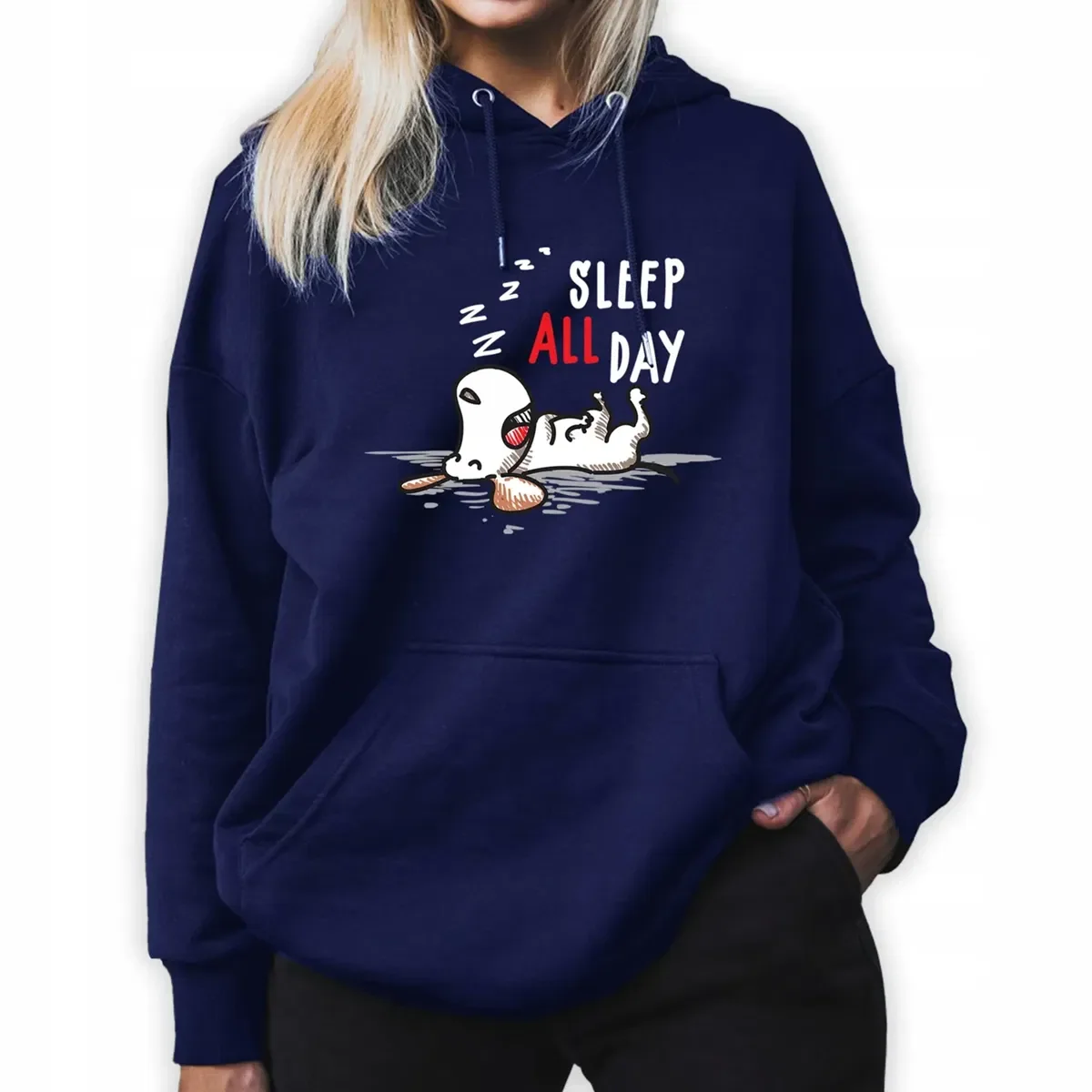 Bluza Damska Granat Z Kapturem Dla Miłośnika Snoopy Sleep All Day Wzory - M
