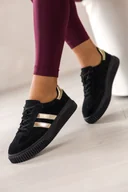 Półbuty damskie - Czarne sneakersy skórzane damskie buty sportowe na czarnej platformie złote wstawki sznurowane Carla TW-CU-800 - miniaturka - grafika 1