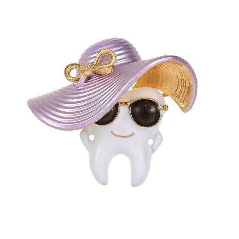 Broszka Ząbek w okularach różowy kapelusz emalia 3,1 cm