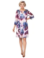 Sukienki - Trapezowa sukienka midi z tiulu - wielokolorowy wzór w odcieniach fioletu i różu, dekolt łódka, na eleganckie wyjścia 39990 - ModBiS - miniaturka - grafika 1