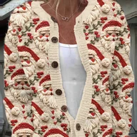 Swetry damskie - TEMU Kardigan Świąteczny dla Kobiet z Motywem Mikołaja - Beżowy z Czerwono-Zielonym Haftem, Długi Rękaw na Jesień i Zimę, Trwały Sweter na Co Dzień, - miniaturka - grafika 1