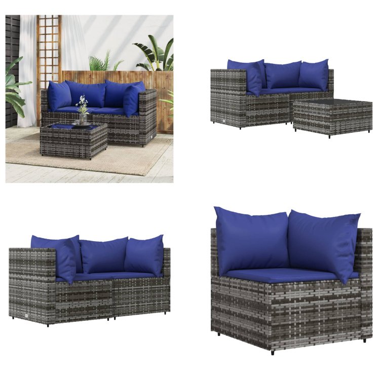 vidaXL 3-częściowy zestaw wypoczynkowy do ogrodu z poduszkami z szarego polirattanu - Zestaw wypoczynkowy do ogrodu - Zestawy wypoczynkowe do ogrodu - Zestaw wypoczynkowy na zewnątrz - Zestaw wypoczynkowy na taras