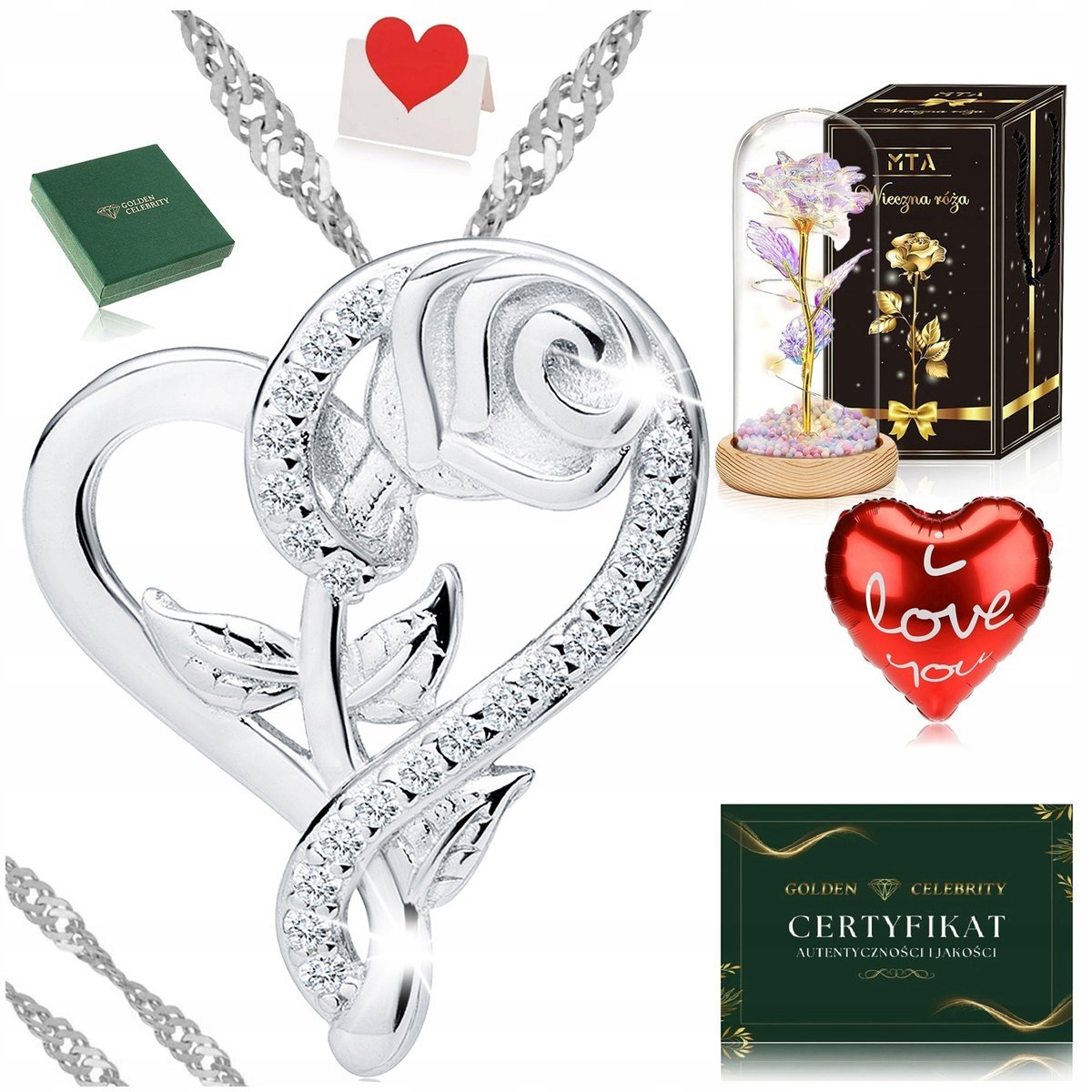 SREBRNY NASZYJNIK + WISIOREK SERCE 925 + RÓŻA WIECZNA NA DZIEŃ NAUCZYCIELA