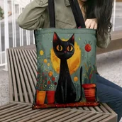 Torby i wózki na zakupy - Torba shopperka tote czarny kot doniczki rośliny kwiaty prezent dla kociary - miniaturka - grafika 1