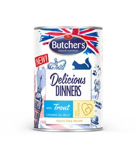 BUTCHER'S Delicious Dinners z pstrągiem kawałki w galaretce 24x400g (kot) - Mokra karma dla kotów - miniaturka - grafika 1