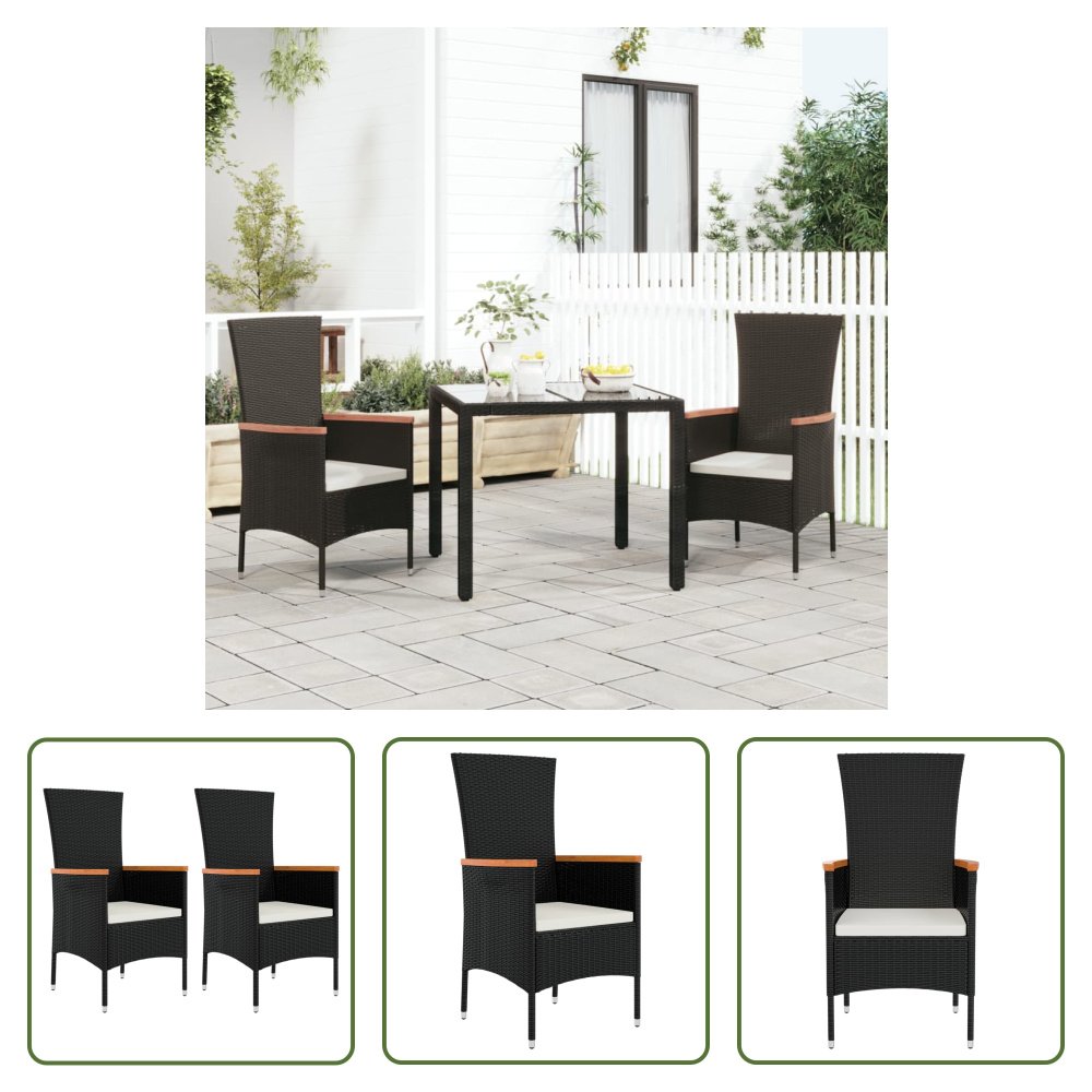 The Living Store Krzesła ogrodowe z poduszką 2 szt. Poli rattan czarny