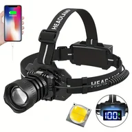 Inne - TEMU 1PC LED akumulatorowy reflektor czołowy, 5 trybów oświetlenia reflektor czołowy z czerwonymi światłami ostrzegawczymi, 90° regulowany reflektor - miniaturka - grafika 1