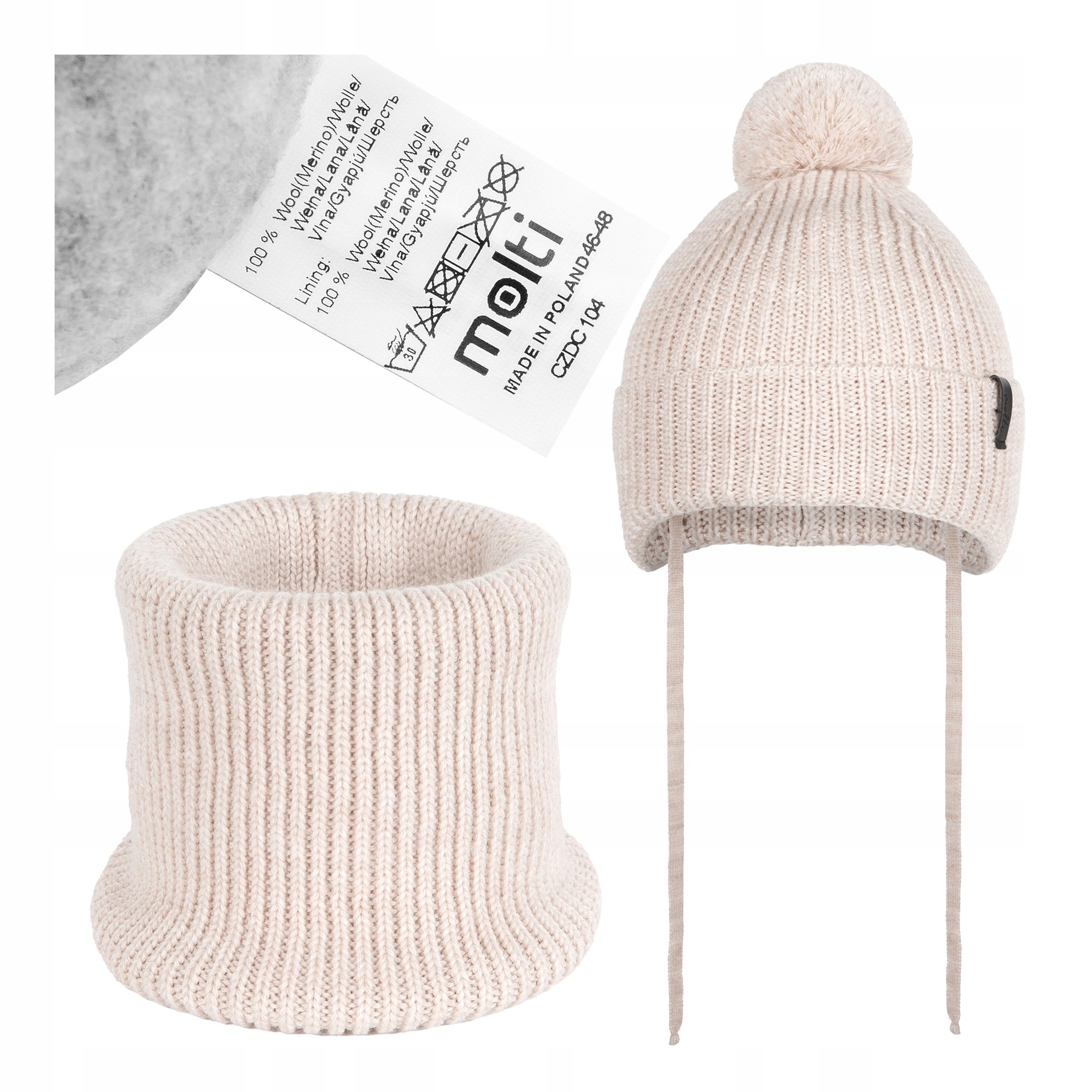 Czapka dziecięca Zimowa komin komplet Wełna Merino ocieplana pompon 46-48