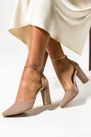 Czółenka - Beżowe czółenka skórzane damskie na słupku ze złotym łańcuszkiem wokół kostki PRODUKT POLSKI Casu 2447-308-39 - miniaturka - grafika 1