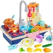 Zabawki AGD - Zlewozmywak Zlew Do Mycia Naczyń Kuchnia 2W1 Interaktywy Kran Leci Woda - Zestaw Naczynia Garnki Owoce - miniaturka - grafika 1