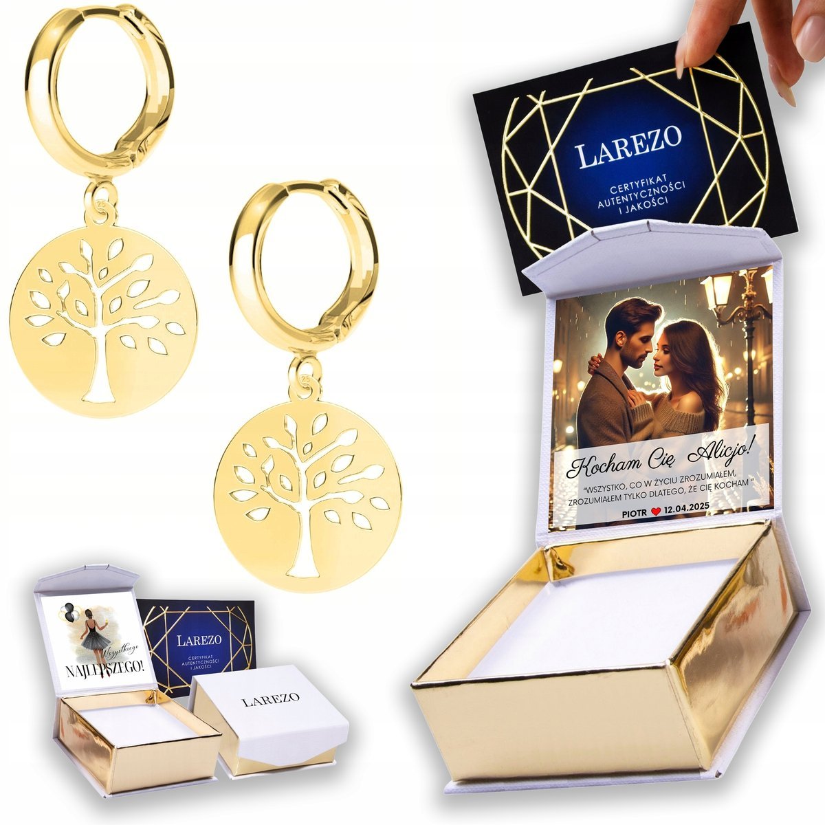 Złote Kolczyki 925 Drzewo Drzewko Życia Okrągła Blaszka Ażur NADRUK