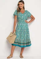 Sukienki - Miętowa Bawełniana Sukienka z Dekoltem w Serek Zapinana na Guziki z Gumką w Pasie Kelea - Born2be - miniaturka - grafika 1