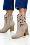 Botki damskie - Beżowe botki skórzane kowbojki ażurowe PRODUKT POLSKI Casu 3265-41 - miniaturka - grafika 1