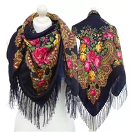 Apaszki i szaliki damskie - DUŻA DAMSKA CHUSTA FOLKOWA APASZKA LUDOWA GÓRALSKA FRĘDZLE ETNO KWIATY - CHU-9028-GRA - miniaturka - grafika 1