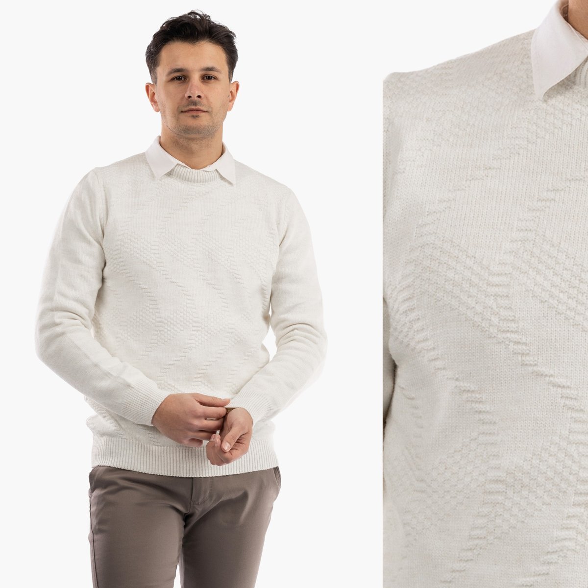 Sweter Męski Zimowy Wełniany Ciepły Elegancki Stylowy Kremowy Biały XXL