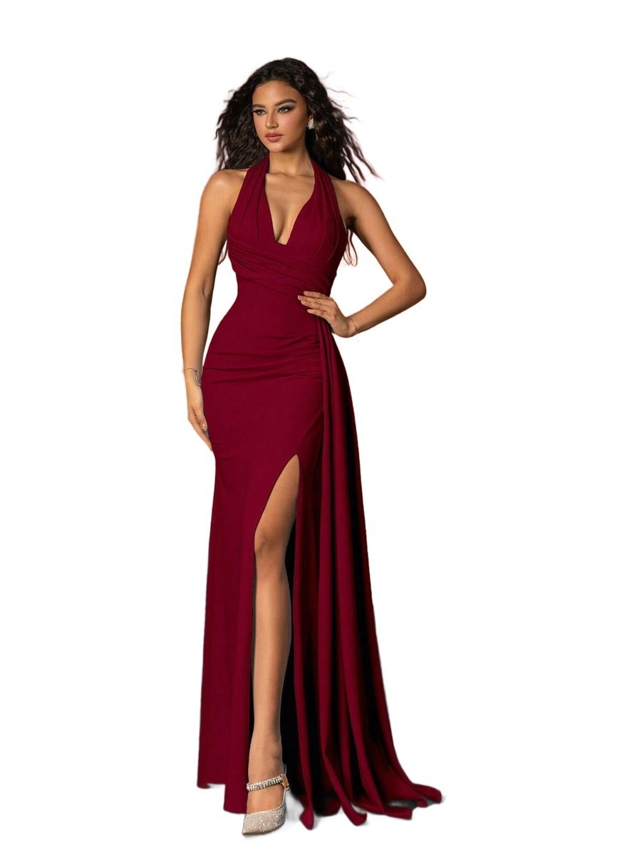 SHEIN BORDOWA SUKIENKA WIECZOROWA MAXI Z DEKOLTEM WIĄZANYM 42/44 1LA