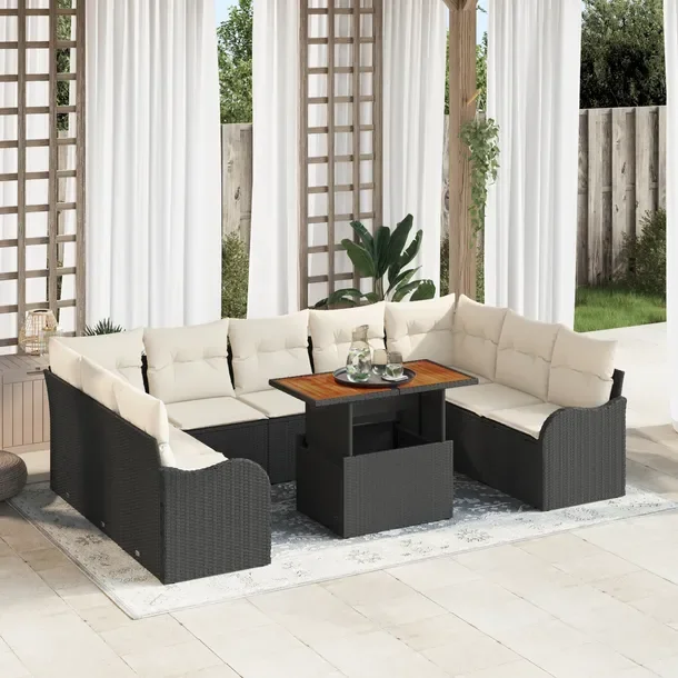 Zestaw sof ogrodowych, rattan, czarno-kremowy, 10-elementowy