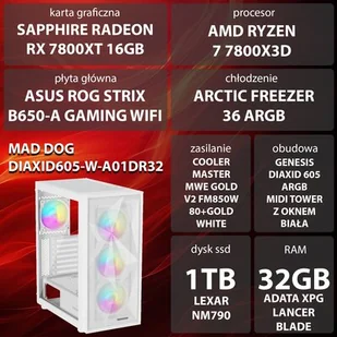 Komputer MAD DOG DIAXID605-W-A01DR32 R7-7800X3D 32GB RAM 1TB SSD Radeon RX7800XT Wi-Fi - Zestawy komputerowe - miniaturka - grafika 1