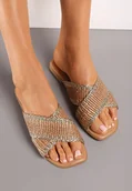 Klapki i japonki damskie - Ciemnobeżowe Ozdobnie Plecione Klapki na Płaskiej Podeszwie Neirika - miniaturka - grafika 1