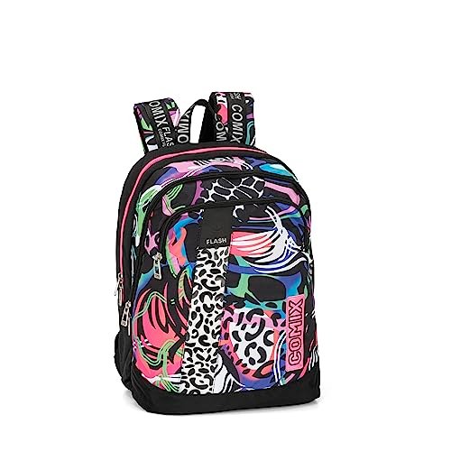 COMIX FLASH Organizowany plecak szkolny, górny i podstawowy z 2 dużymi centralnymi kieszeniami na zamek błyskawiczny i regulowanymi paskami na ramię, przednią i bocznymi kieszeniami, różowy/czarny -