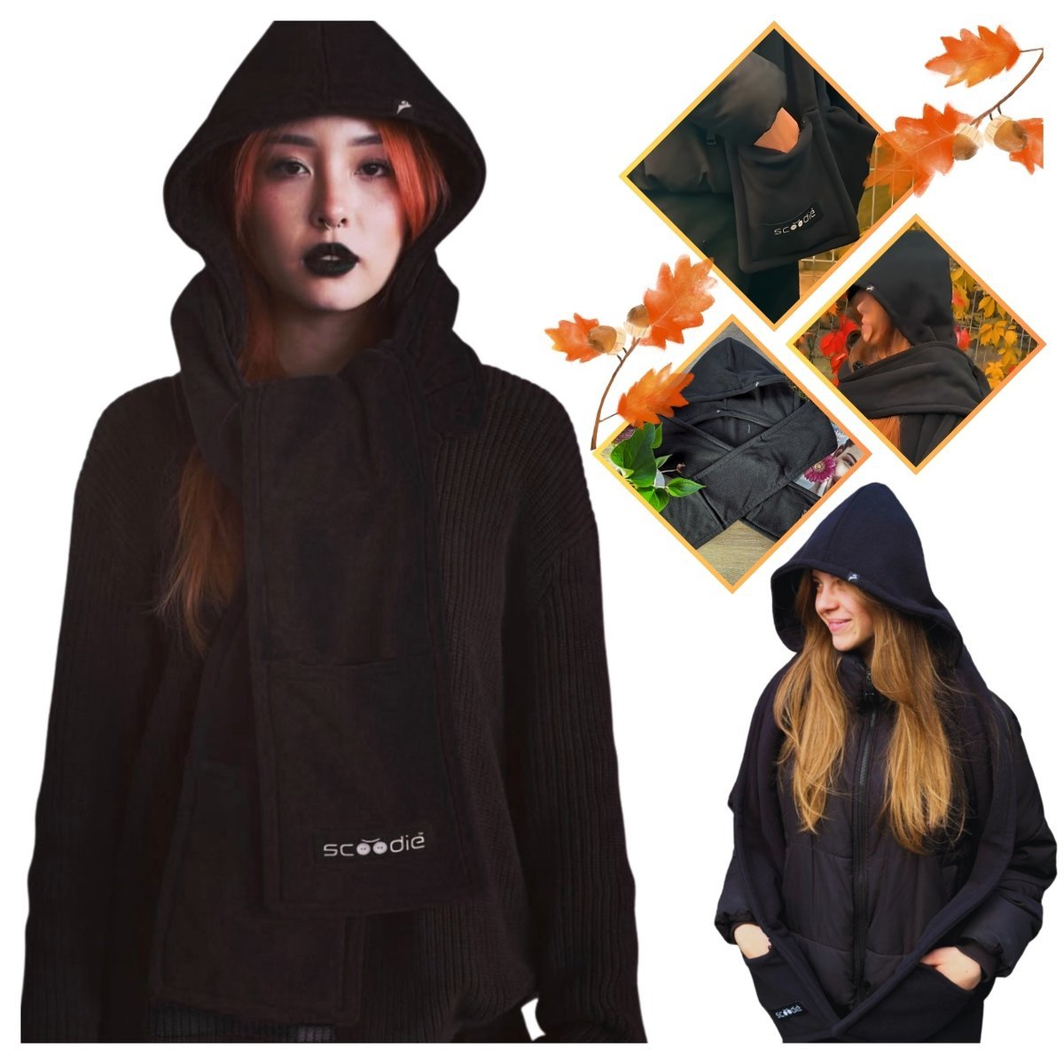 Szalik z Odpinanym Kapturem Scoodie Polar 185 cm Kieszenie 2w1 Czarny