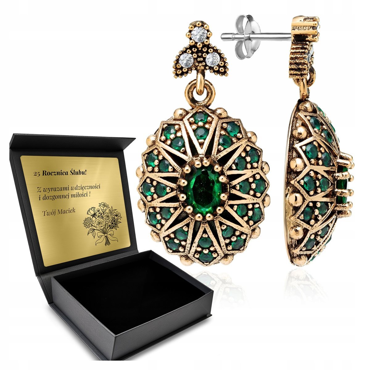 Kolczyki Srebrne 925 Cyrkonie Szmaragd Biżuteria Dla Kobiety Grawer
