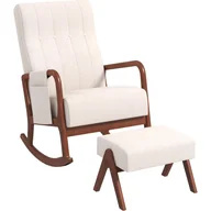 Fotele - Fotel Bujany z Podnóżkiem, Krzesło Bujane, Wygodne Podłokietniki, Rama z Drewna Kauczukowego, Zakrzywione Oparcie, Zdejmowana Kieszeń Boczna (Beżowy) - miniaturka - grafika 1