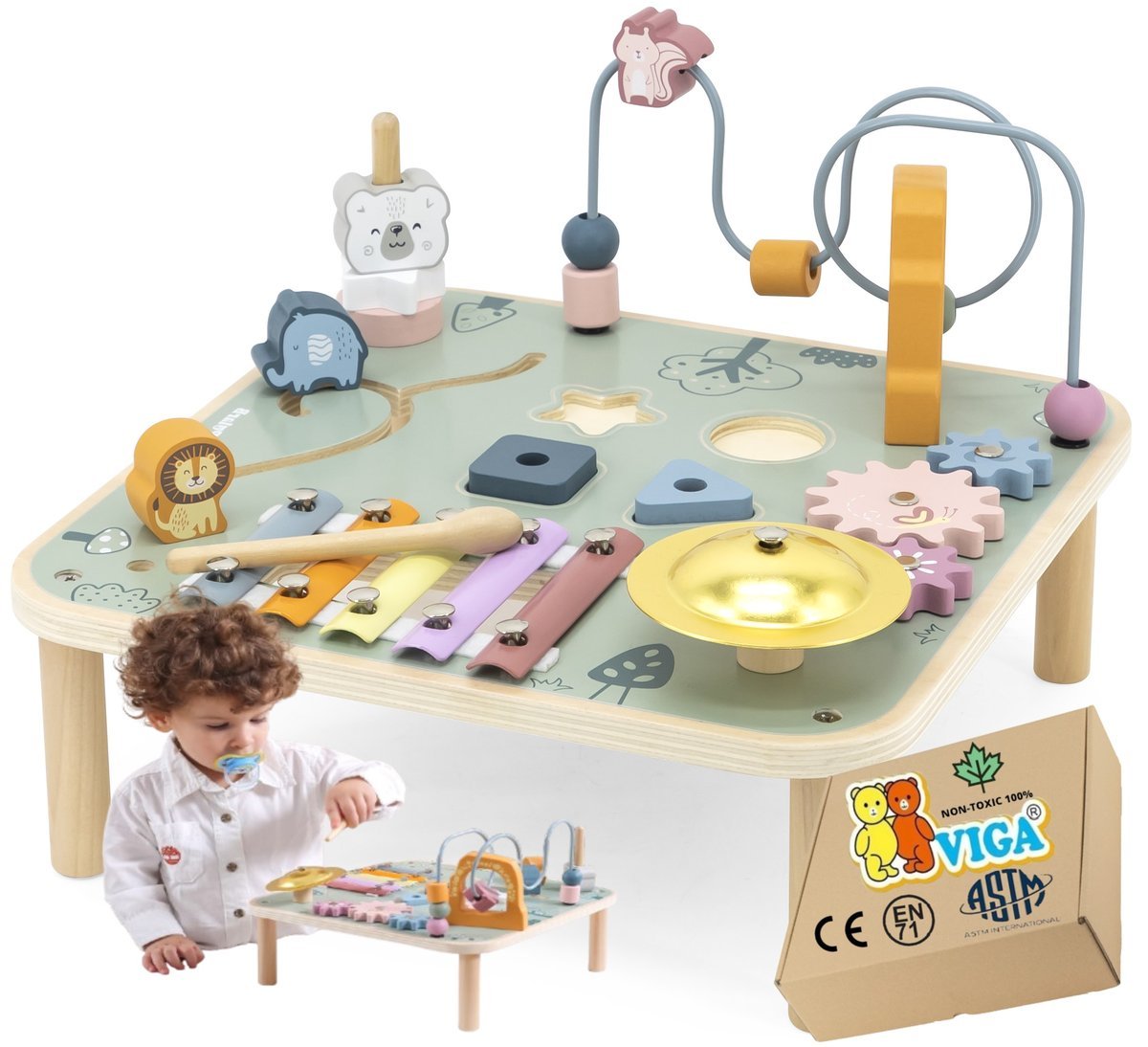 Stolik Edukacyjny Drewniany CYMBAŁKI Trybiki Perkusja tablica manipulacyjna Viga 44083 18m+