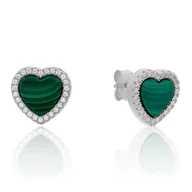 Kolczyki - Srebrne kolczyki serduszka z malachitem i cyrkoniami sztyfty pr. 925 - miniaturka - grafika 1