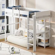 Łóżka dla dzieci i młodzieży - Łóżko piętrowe drewniane 90x200cm - z półkami i stelażem - białe - miniaturka - grafika 1