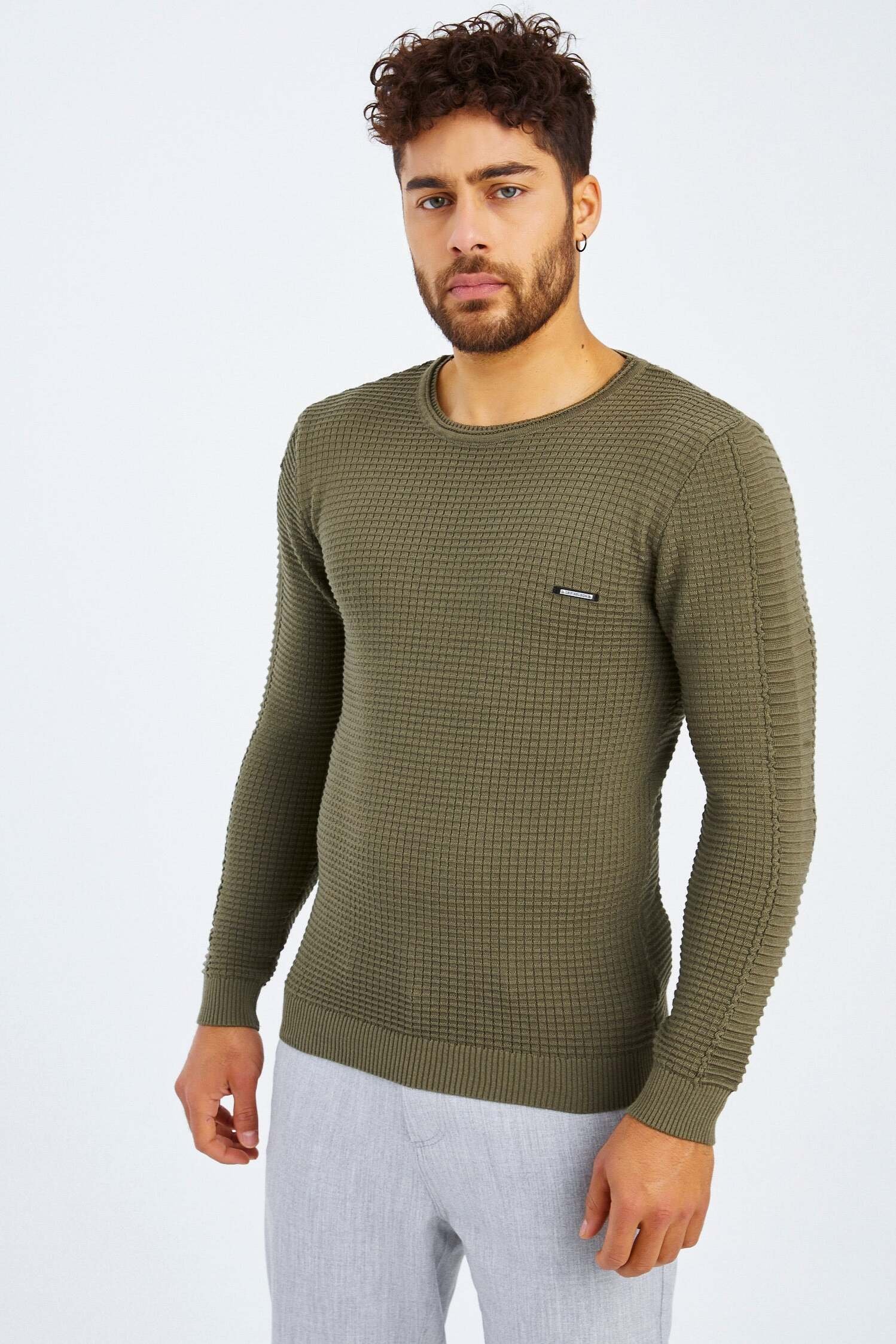 Męski sweter z dzianiny z okrągłym dekoltem Leif Nelson LN-1545, Khaki / L